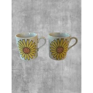 Vtg 70s Flower Power Coffee Mugs Pair Yellow Daisy Retro MCM Japan Ceramic Cup